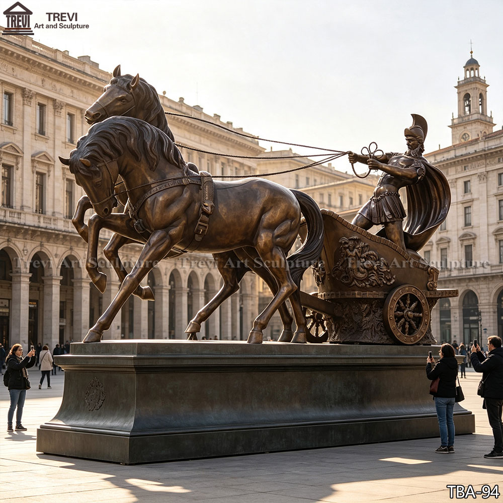 Bronze Roman chariot group with two horses and a warrior, fine lost-wax casting detail